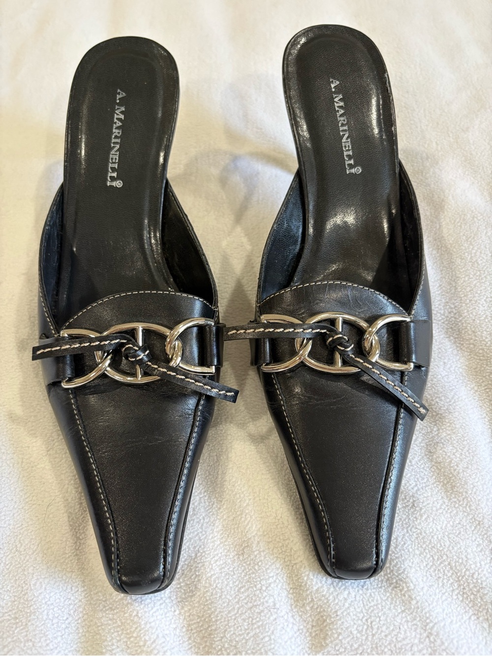 Vintage A. Marinelli Black Leather Slip-On Mules with Silver Chain Detail